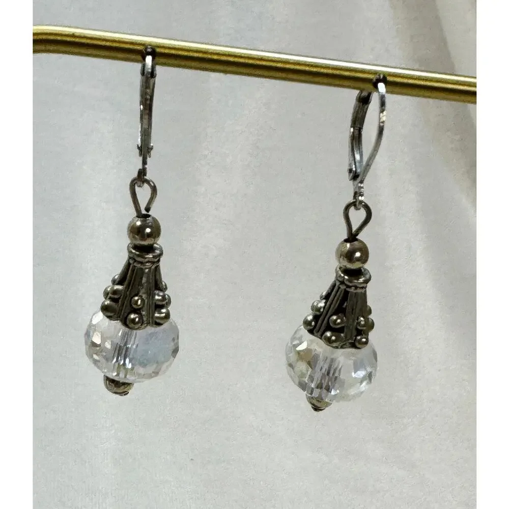 Crystal Bead Leverback Dangle Earrings Silver 1.5 Inch Pre-Loved E609